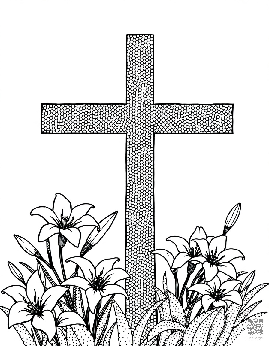 easter cross with lilies and sunrise coloring page Stipple style - free printable