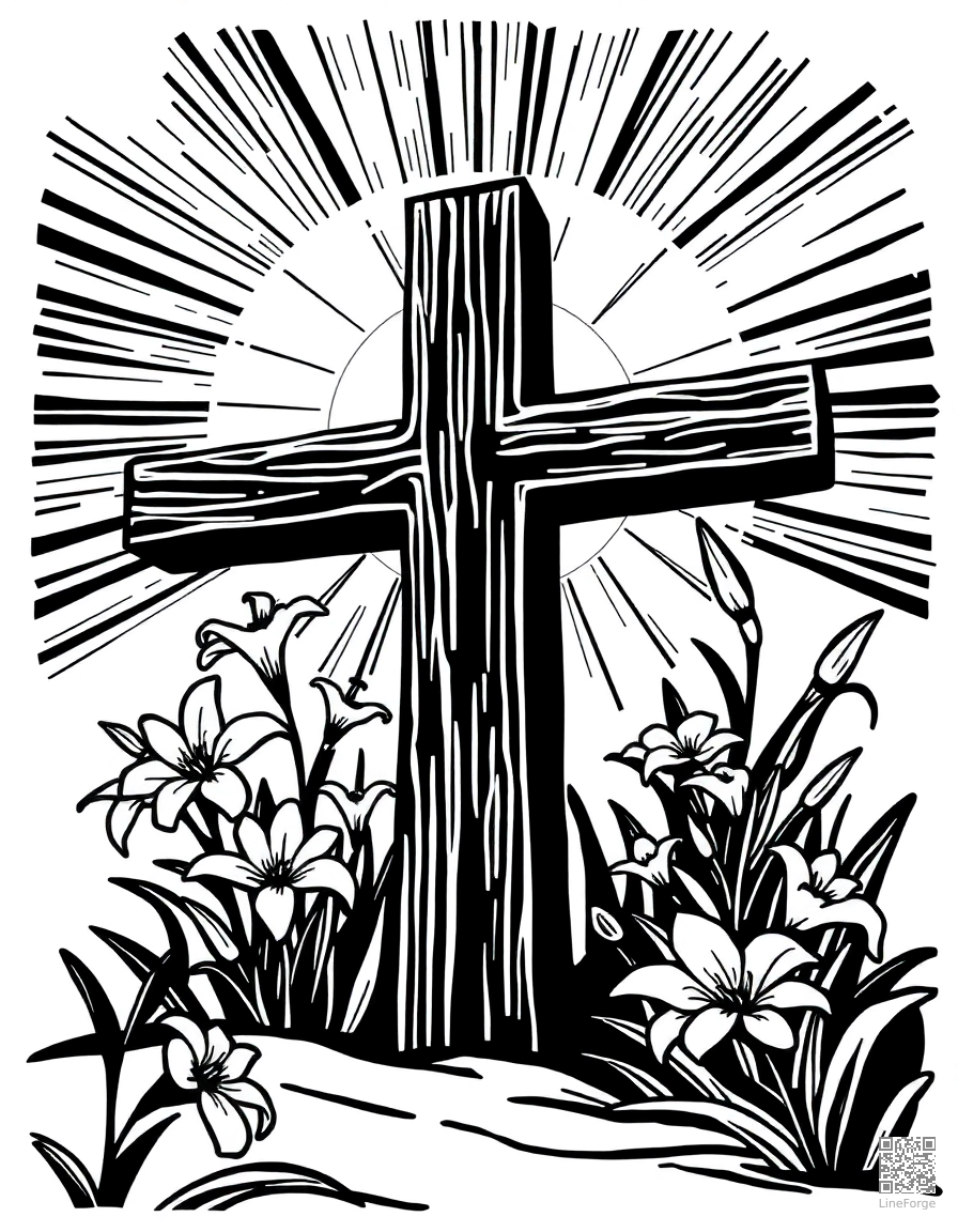 easter cross with lilies and sunrise coloring page Woodcut style - free printable