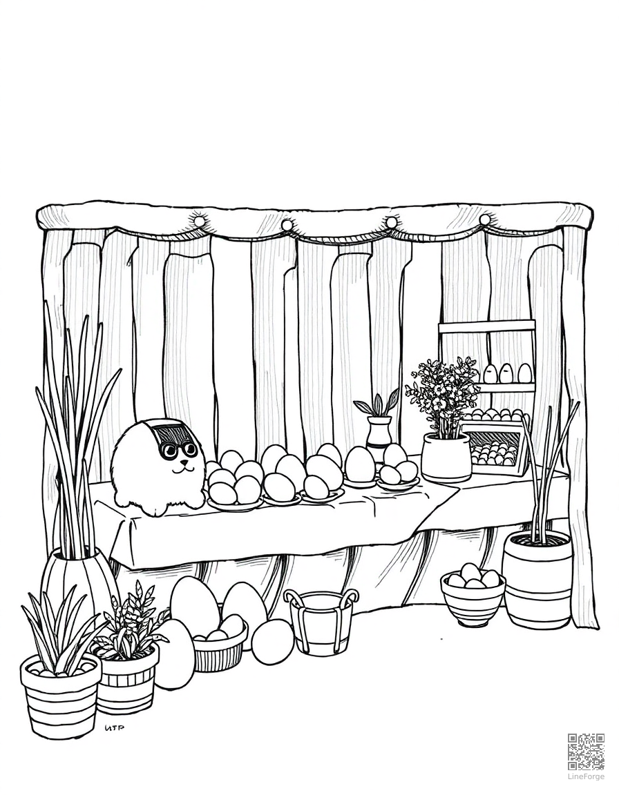 easter egg decorating station coloring page Crosshatch style - free printable