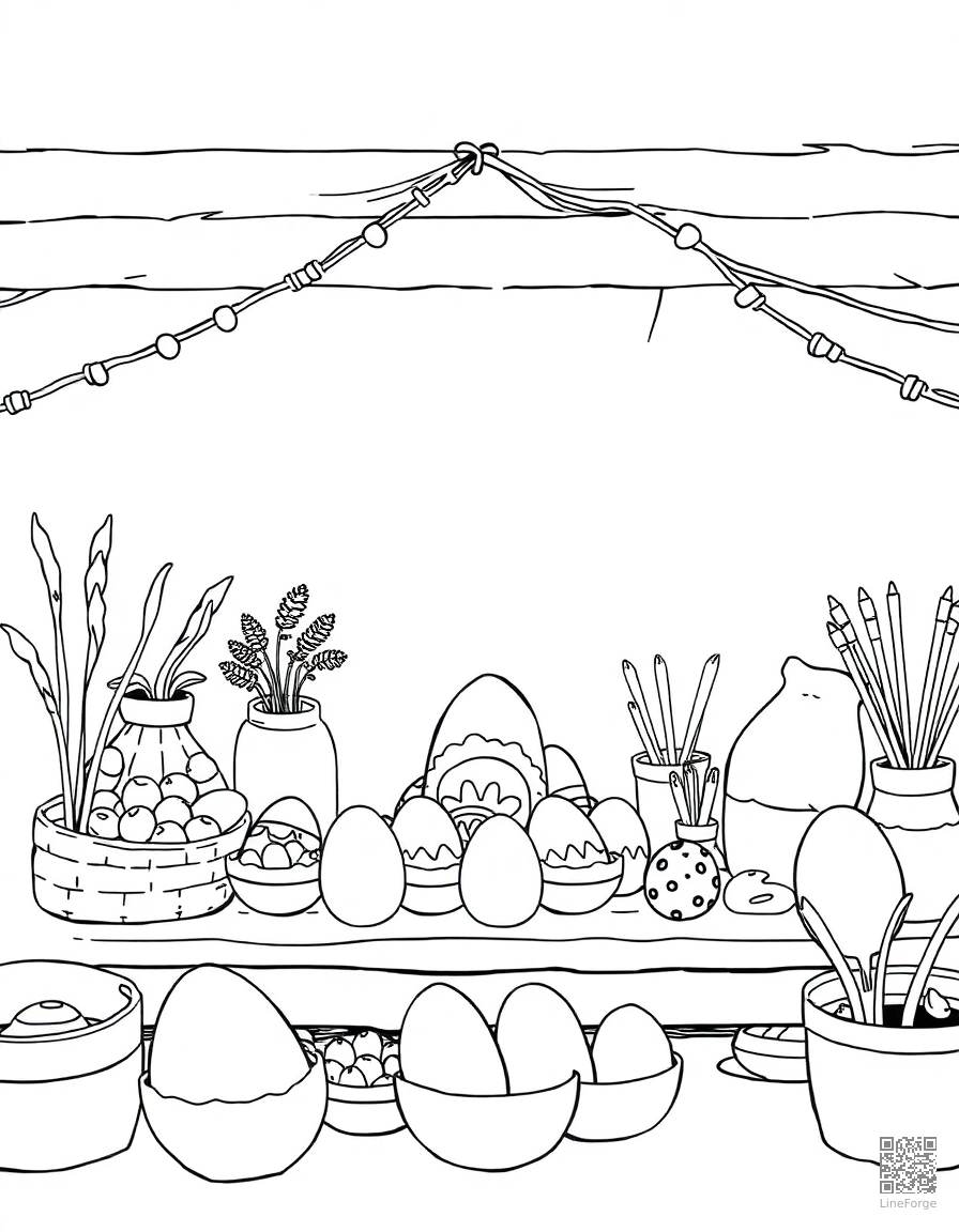 easter egg decorating station coloring page Manga style - free printable