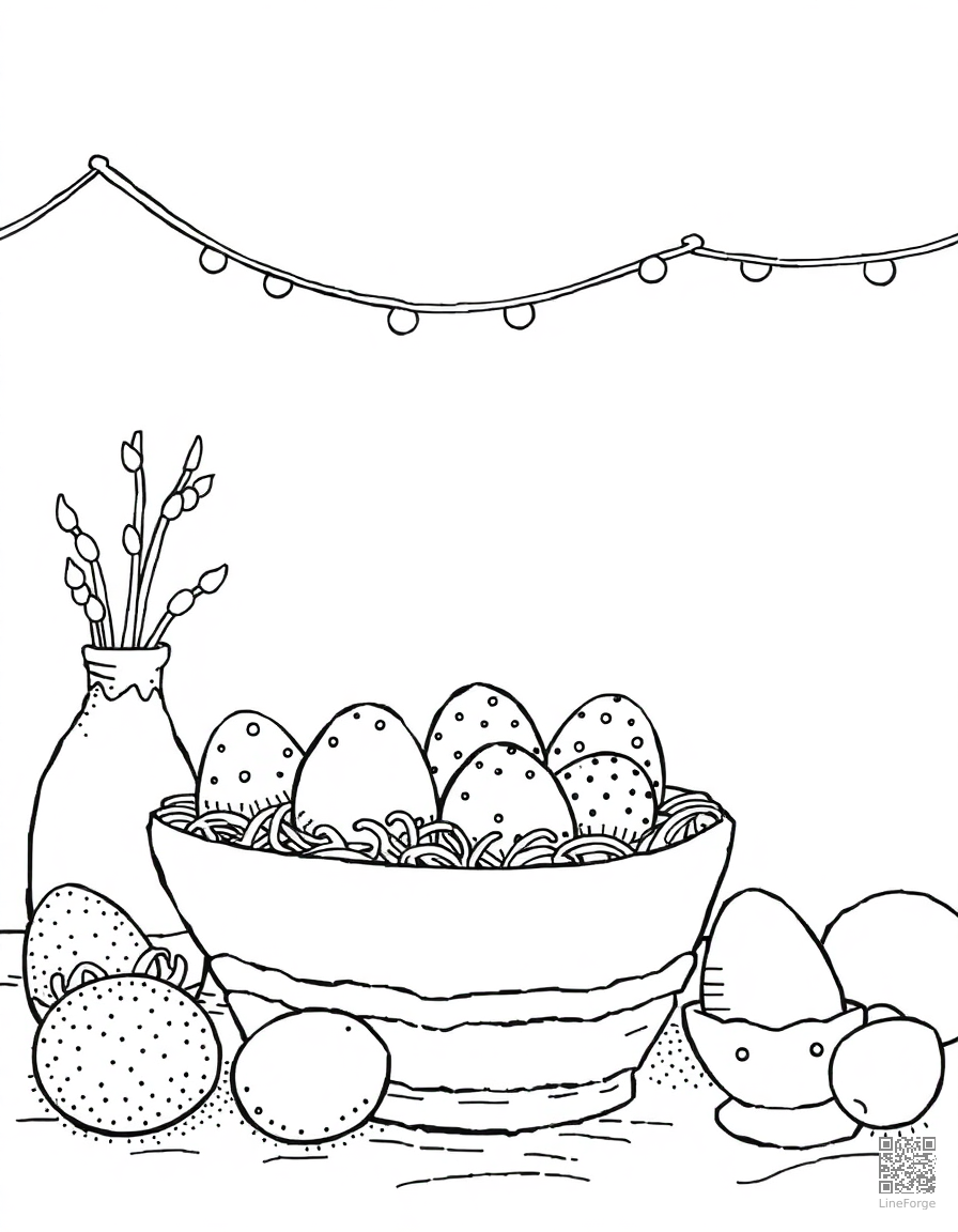easter egg decorating station coloring page Stipple style - free printable