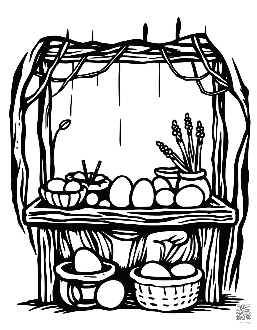 easter egg decorating station coloring page Woodcut style - free printable