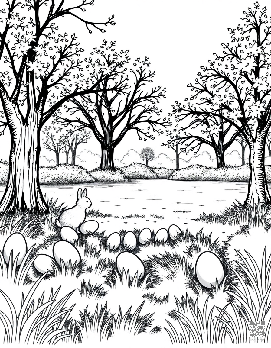 easter egg hunt in a park coloring page Crosshatch style - free printable
