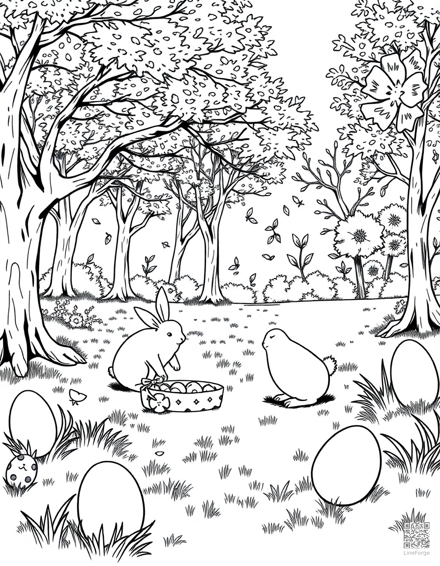 easter egg hunt in a park coloring page Manga style - free printable