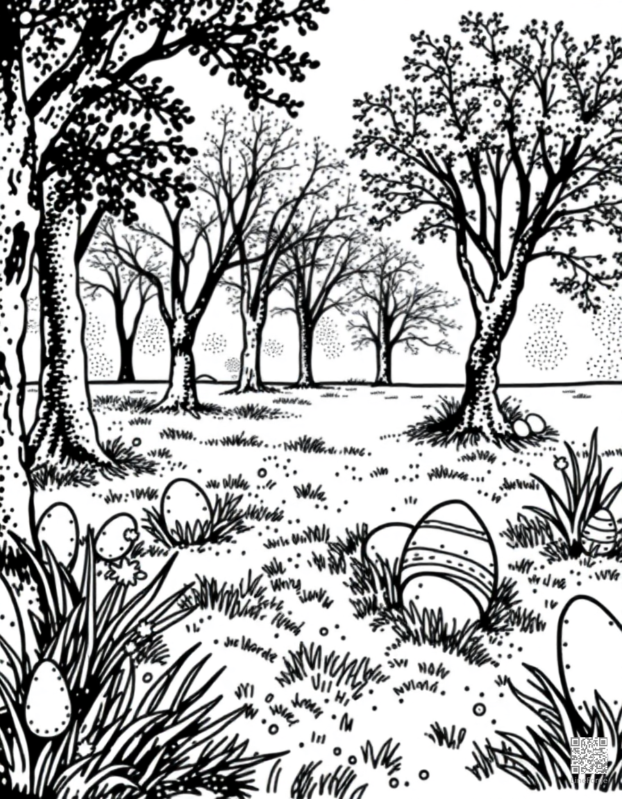 easter egg hunt in a park coloring page Stipple style - free printable