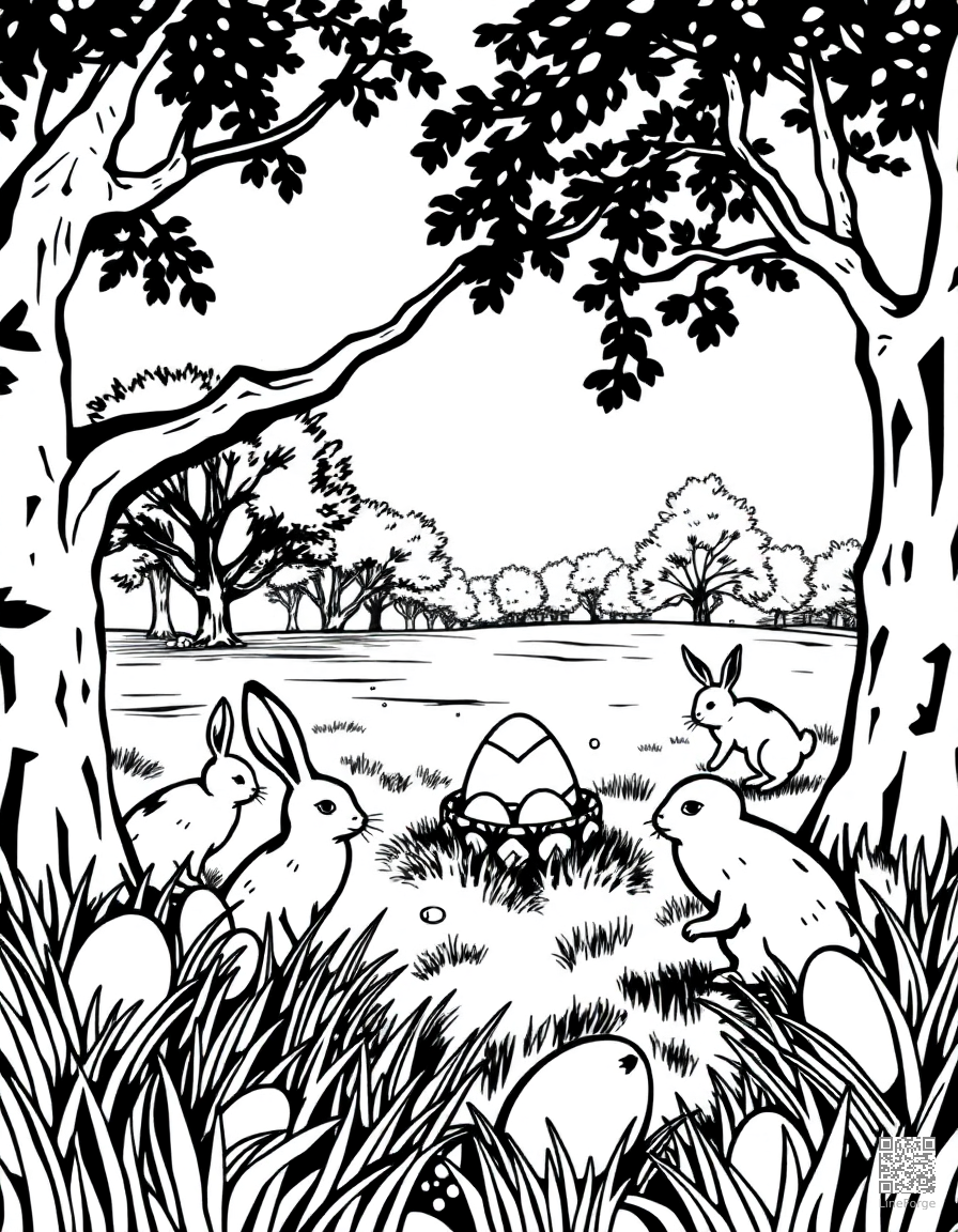 easter egg hunt in a park coloring page Woodcut style - free printable