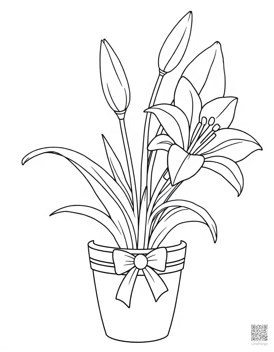 easter lily in a pot with ribbon coloring page Contour style - free printable