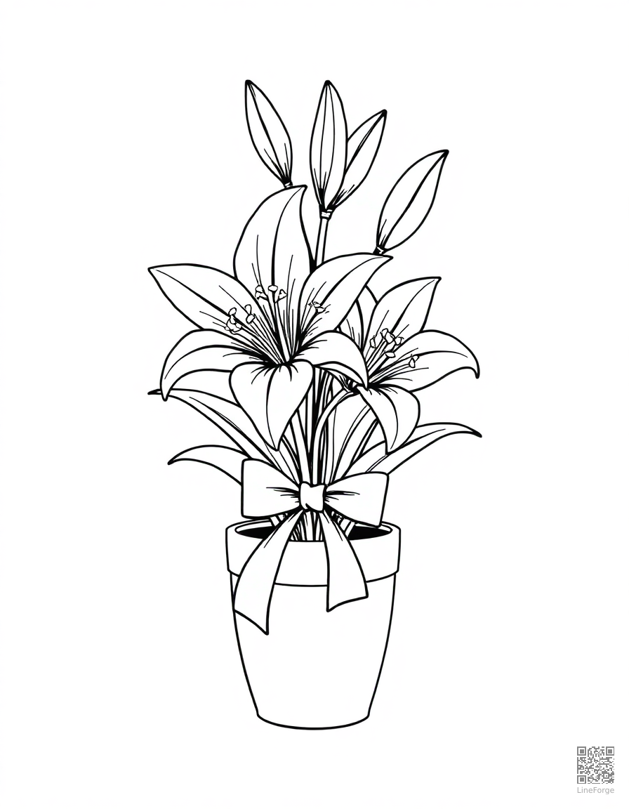 easter lily in a pot with ribbon coloring page Crosshatch style - free printable