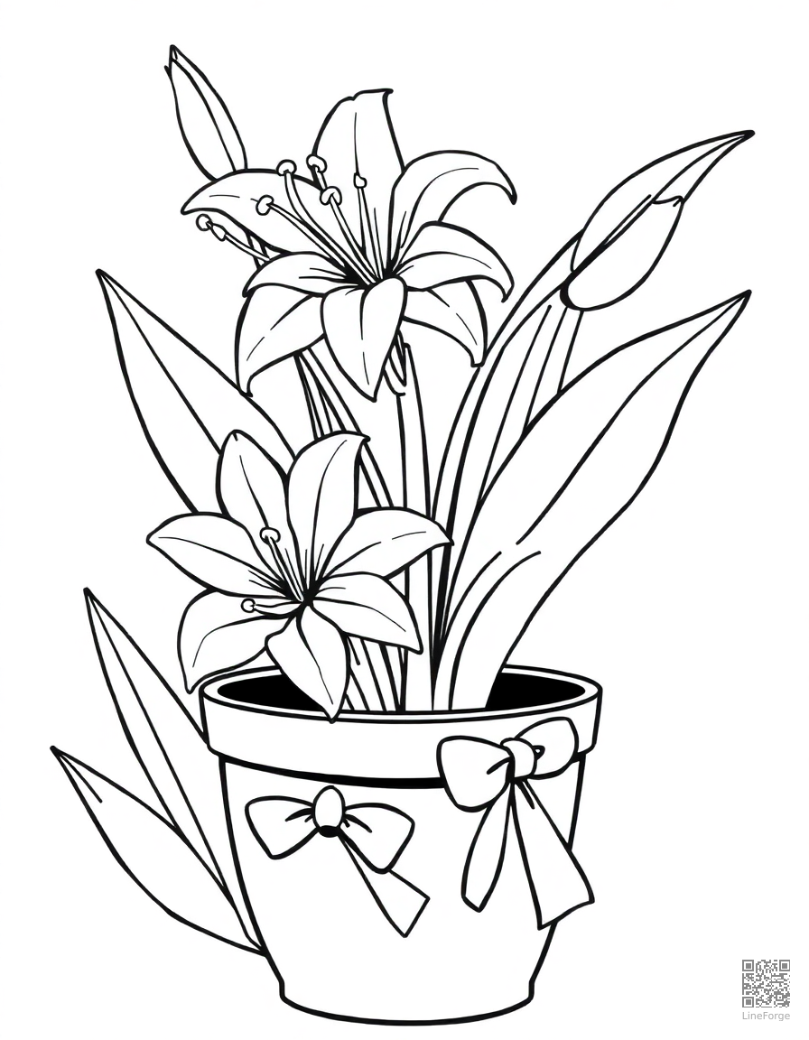 easter lily in a pot with ribbon coloring page Manga style - free printable