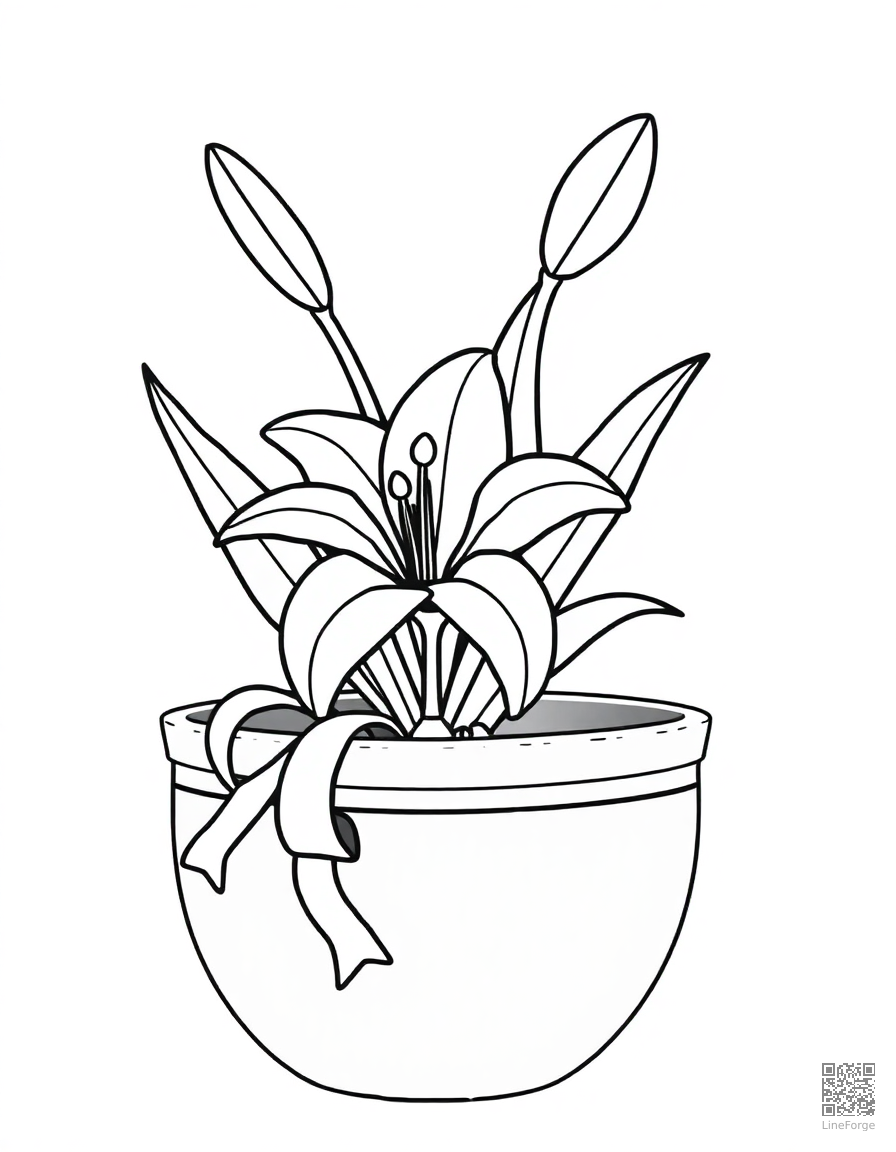 easter lily in a pot with ribbon coloring page Minimal style - free printable