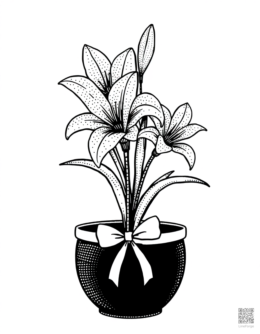 easter lily in a pot with ribbon coloring page Stipple style - free printable