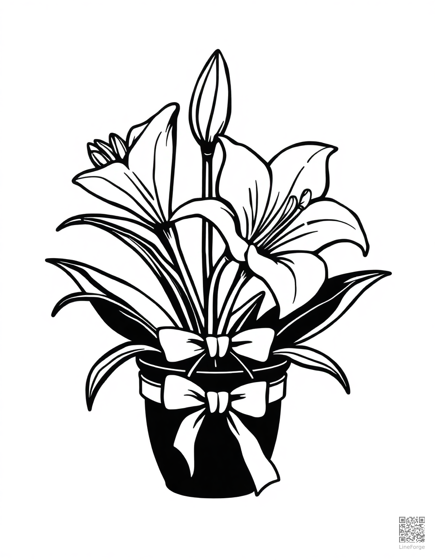 easter lily in a pot with ribbon coloring page Woodcut style - free printable