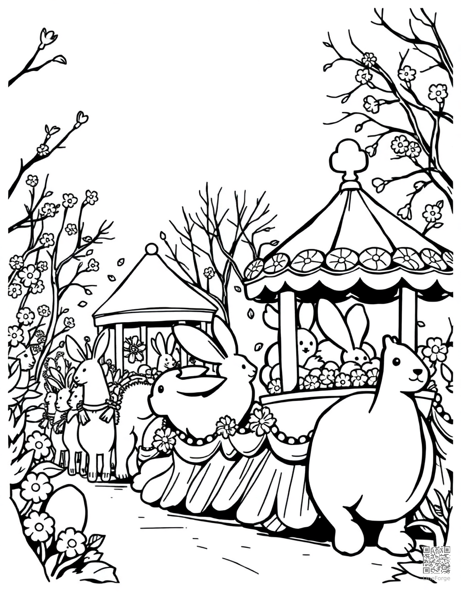 easter parade with spring floats coloring page Woodcut style - free printable