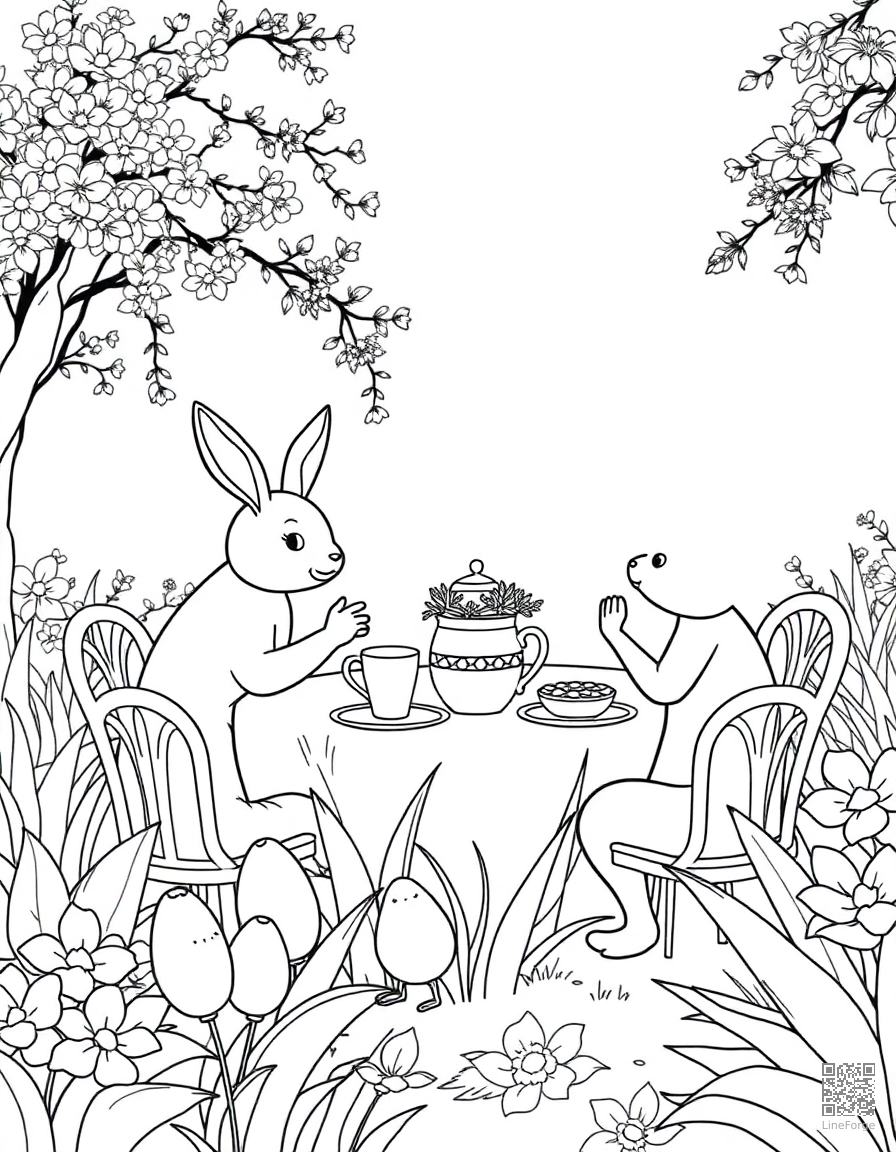 easter tea party in a garden coloring page Contour style - free printable