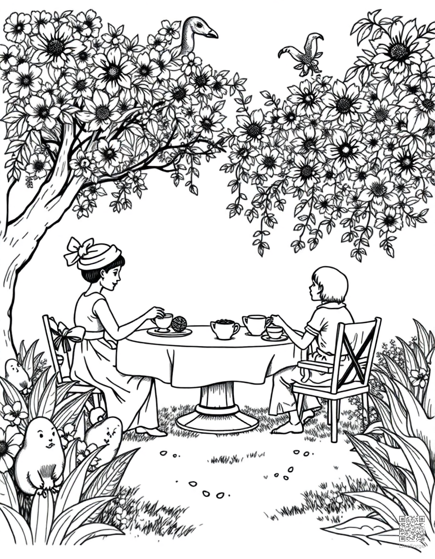 easter tea party in a garden coloring page Crosshatch style - free printable
