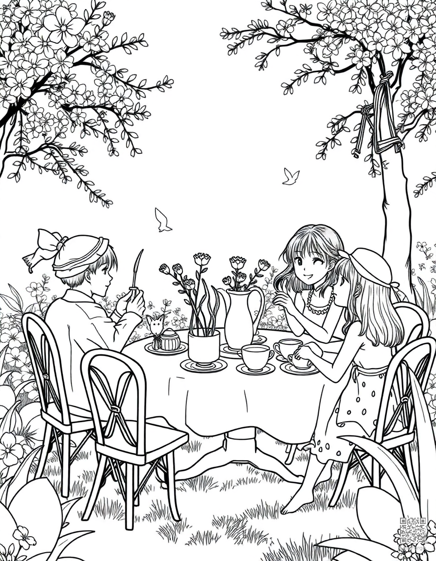 easter tea party in a garden coloring page Manga style - free printable