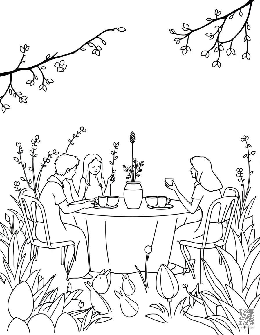 easter tea party in a garden coloring page Minimal style - free printable