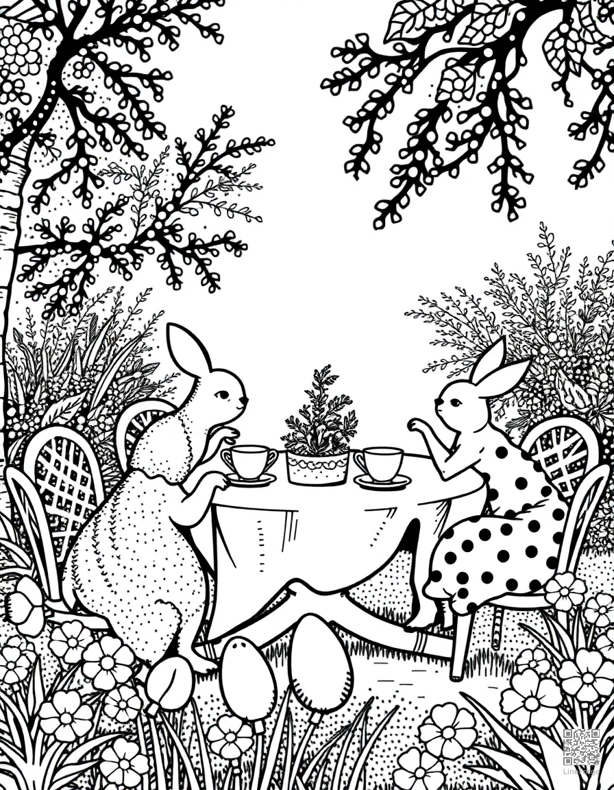 easter tea party in a garden coloring page Stipple style - free printable