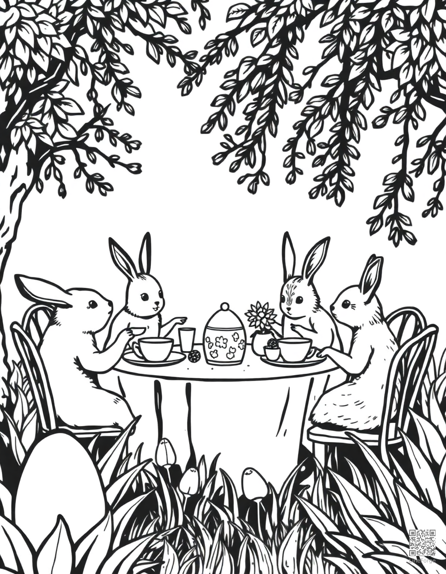 easter tea party in a garden coloring page Woodcut style - free printable