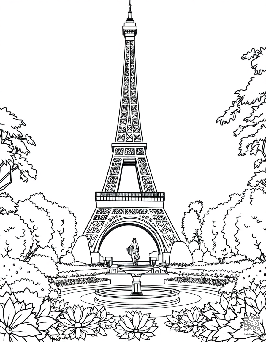eiffel tower with gardens and fountains coloring page Contour style - free printable
