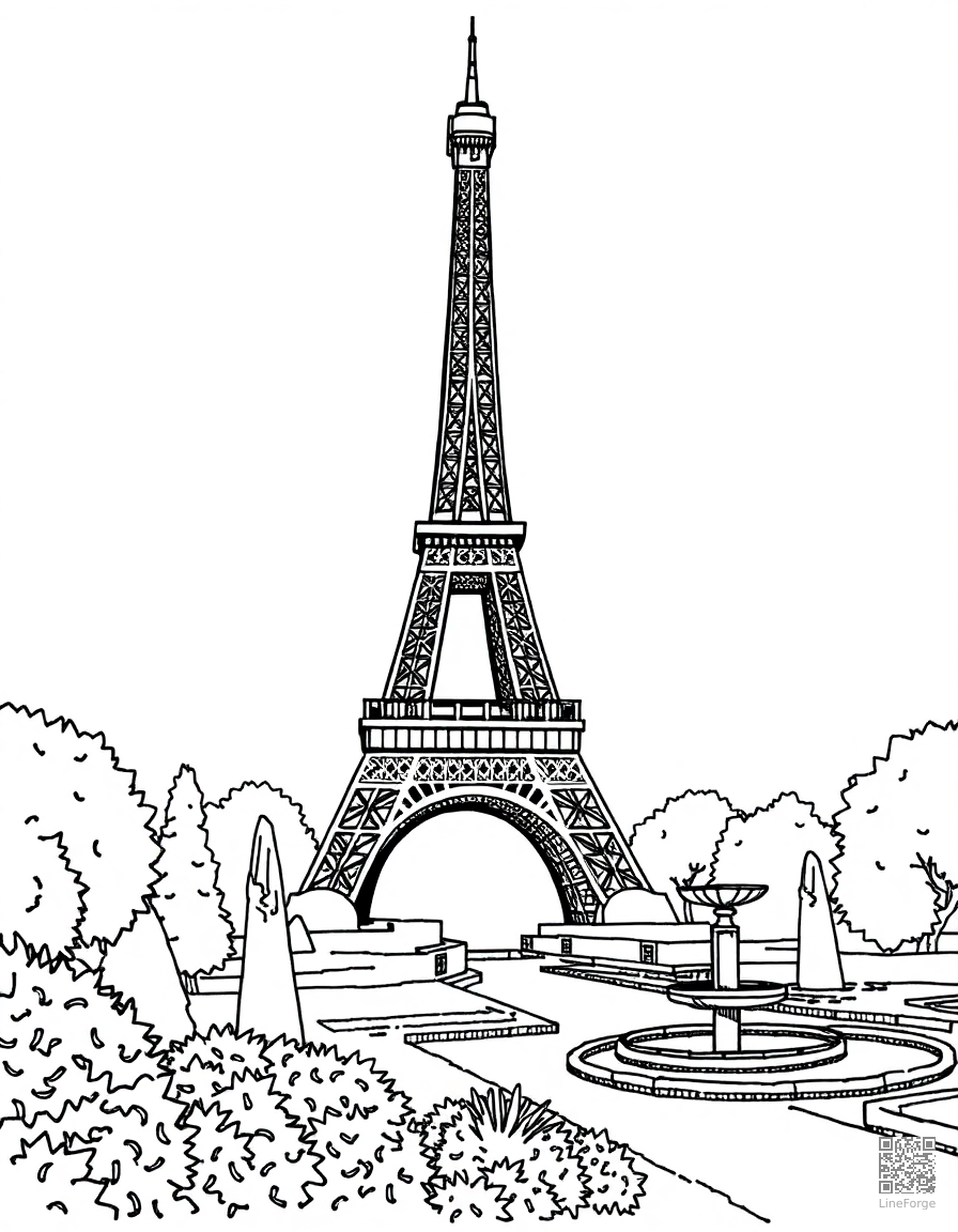 eiffel tower with gardens and fountains coloring page Crosshatch style - free printable