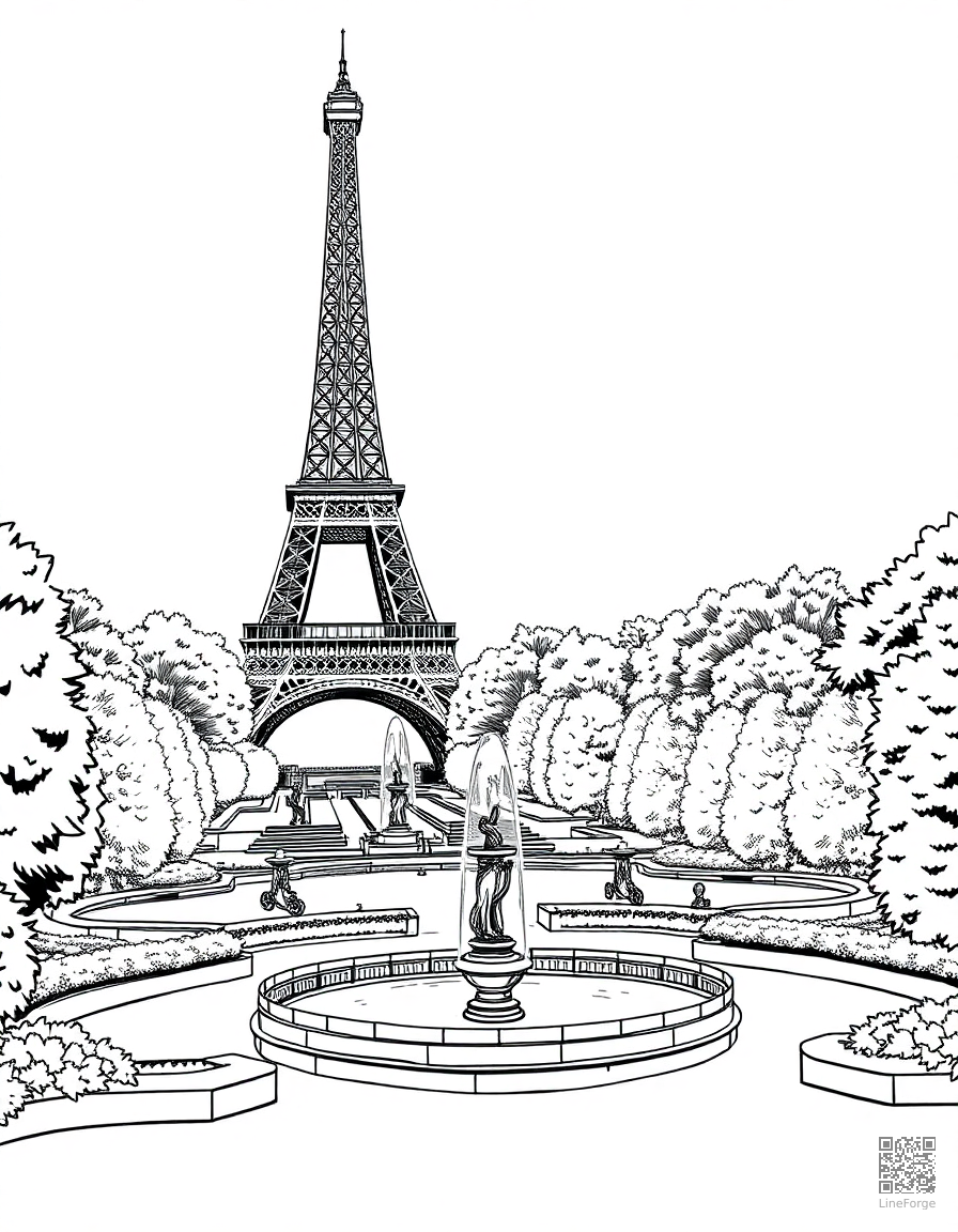 eiffel tower with gardens and fountains coloring page Manga style - free printable