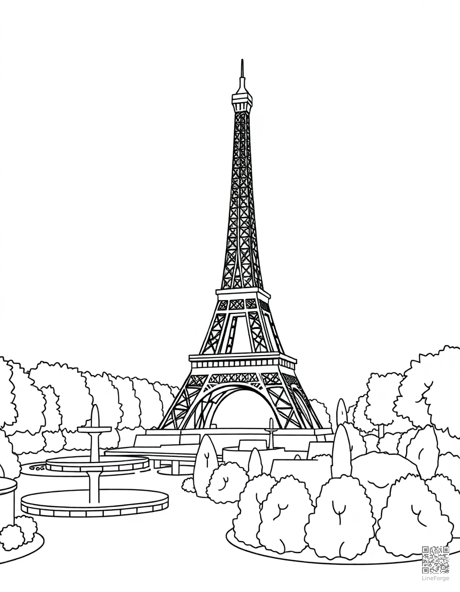 eiffel tower with gardens and fountains coloring page Minimal style - free printable