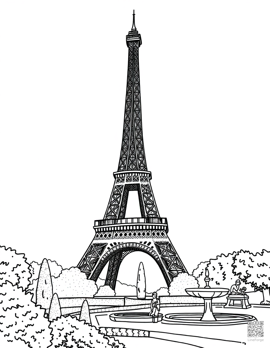 eiffel tower with gardens and fountains coloring page Stipple style - free printable
