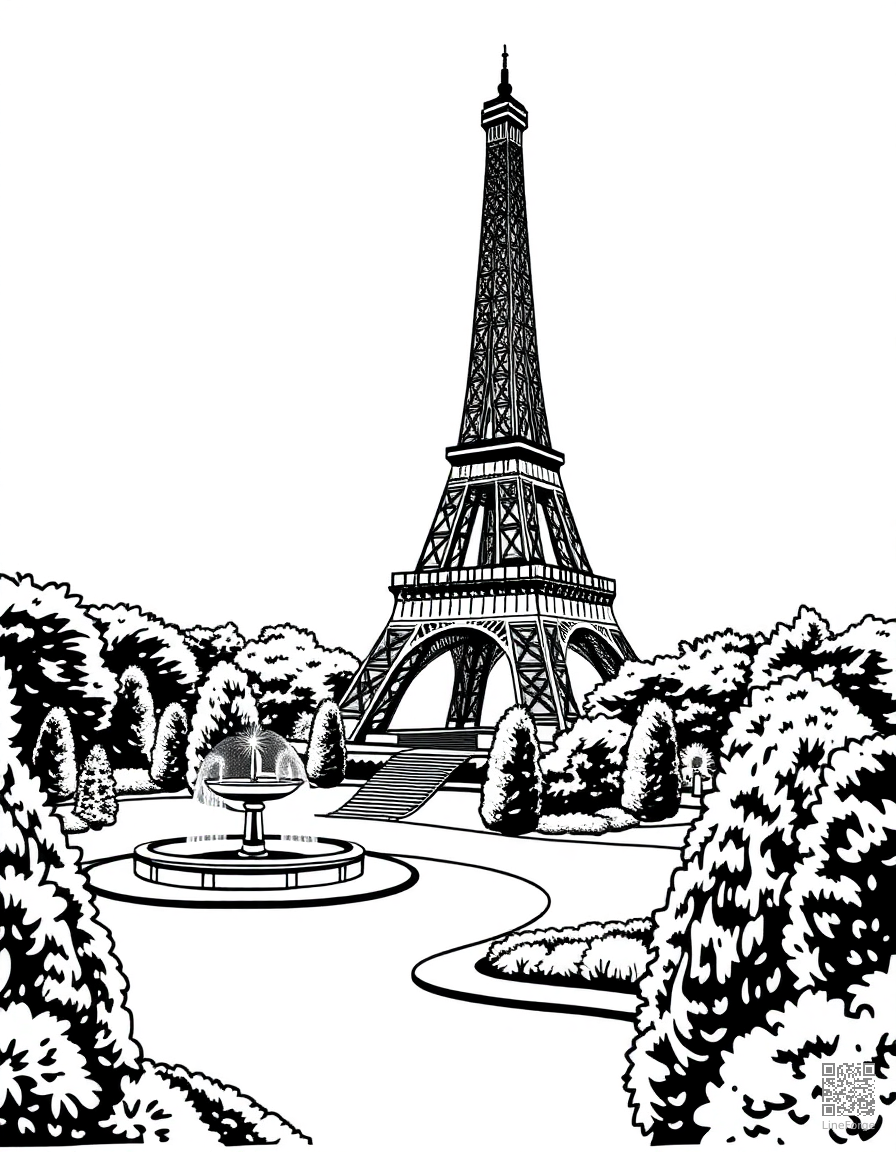 eiffel tower with gardens and fountains coloring page Woodcut style - free printable