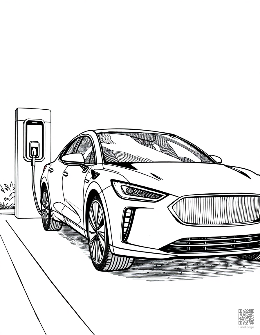 electric car at a charging station coloring page Crosshatch style - free printable