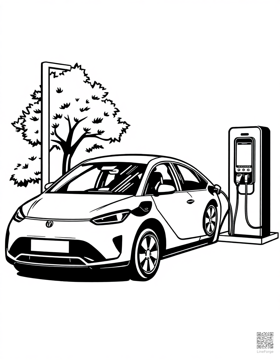 electric car at a charging station coloring page Woodcut style - free printable