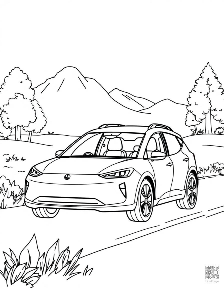 electric car on a road trip through nature coloring page Contour style free printable