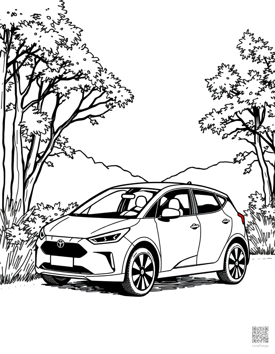 electric car on a road trip through nature coloring page Crosshatch style free printable