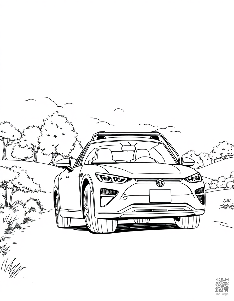 electric car on a road trip through nature coloring page Manga style free printable