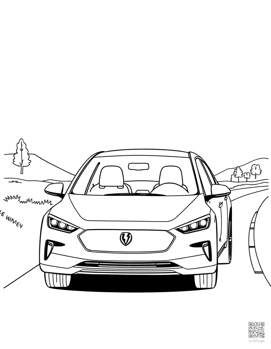 electric car on a road trip through nature coloring page Minimal style free printable