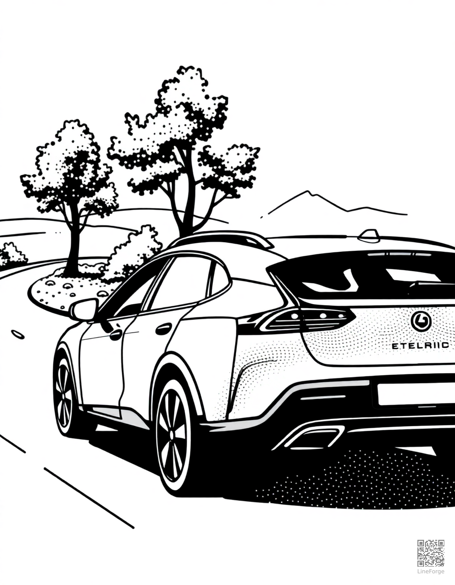 electric car on a road trip through nature coloring page Stipple style free printable