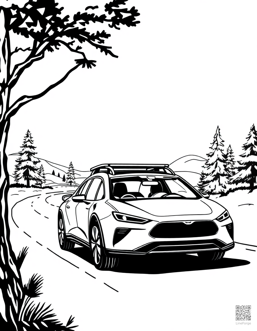 electric car on a road trip through nature coloring page Woodcut style free printable