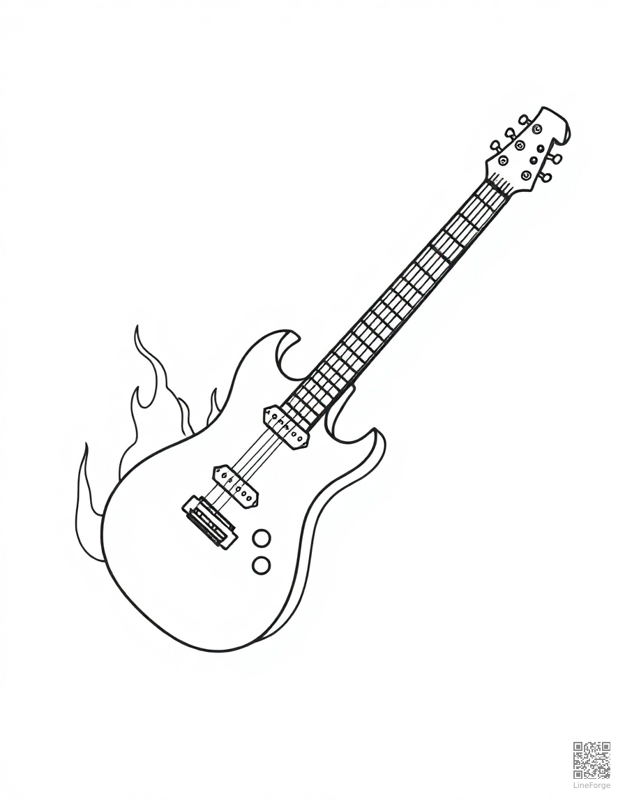 electric guitar with flames and lightning coloring page Contour style - free printable