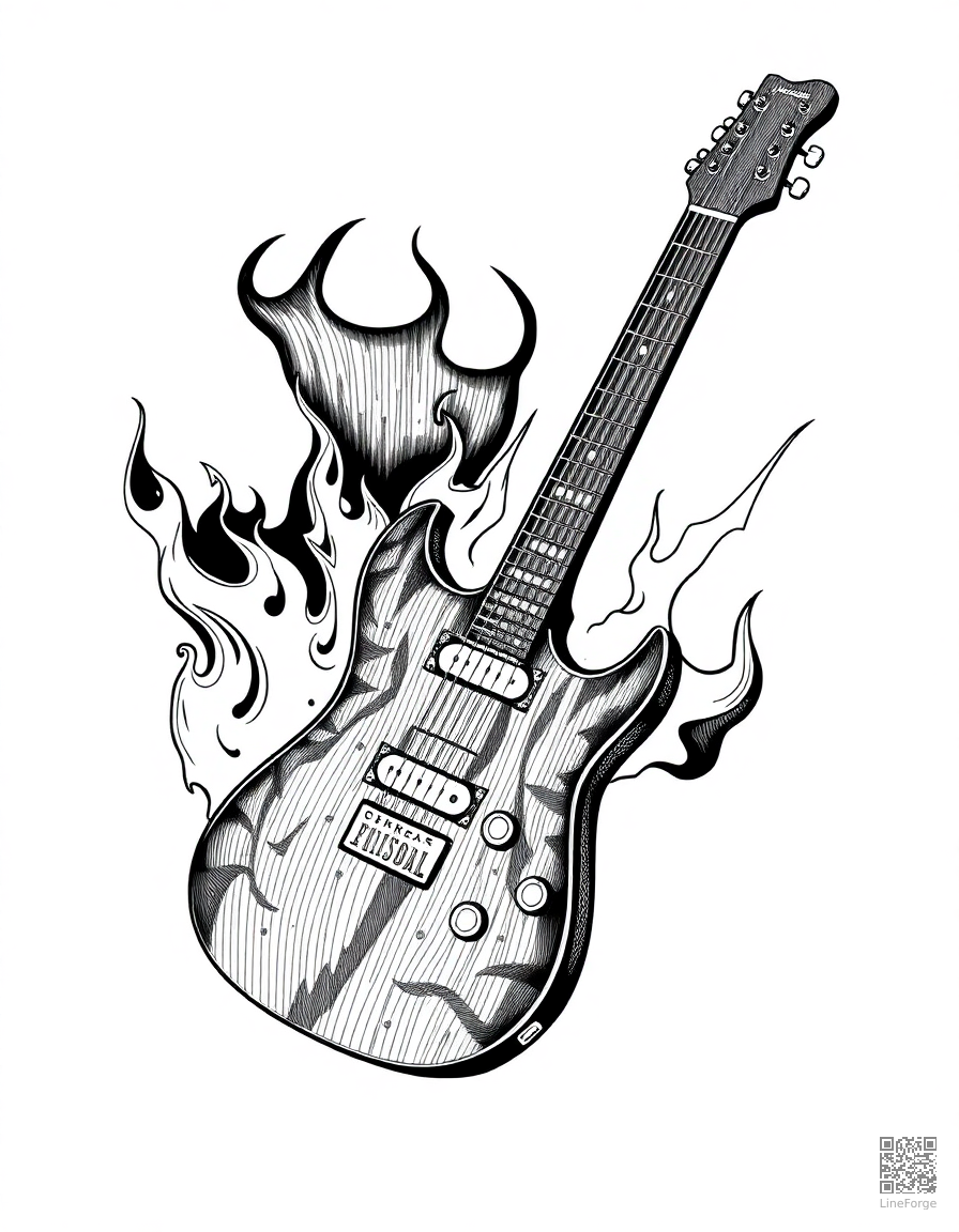electric guitar with flames and lightning coloring page Crosshatch style - free printable