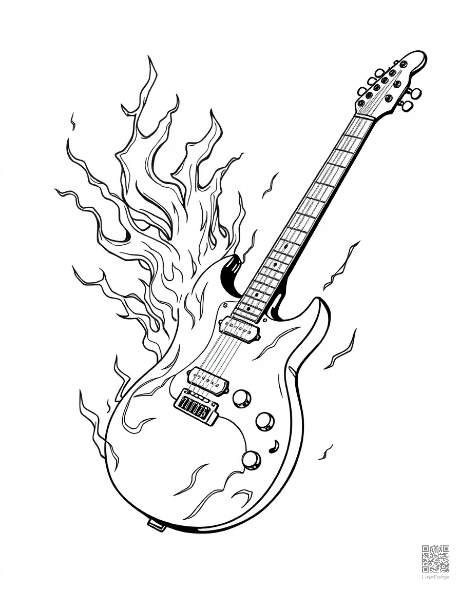 electric guitar with flames and lightning coloring page Manga style - free printable