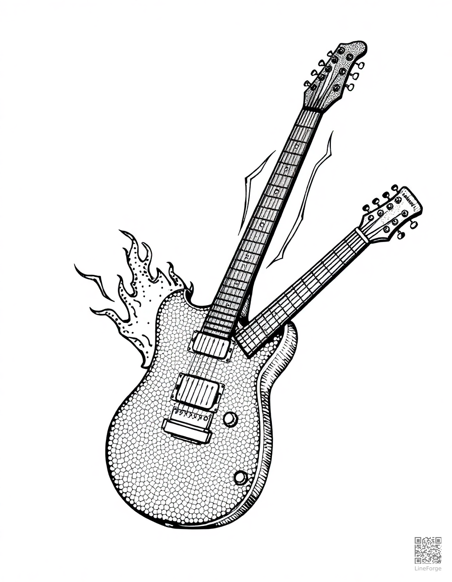 electric guitar with flames and lightning coloring page Stipple style - free printable