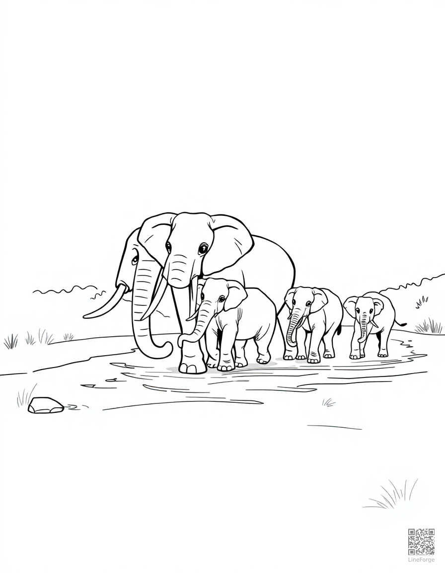 elephant family crossing a river coloring page Contour style - free printable