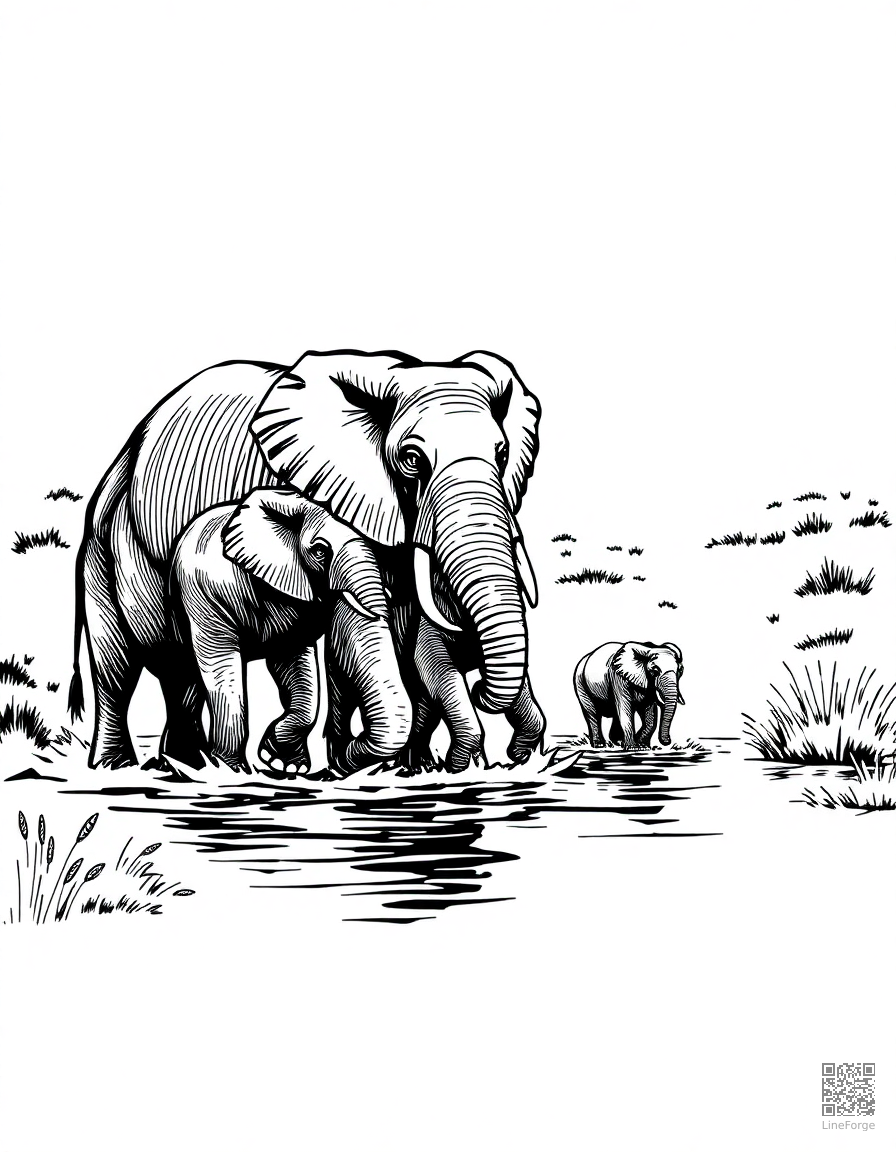 elephant family crossing a river coloring page Crosshatch style - free printable