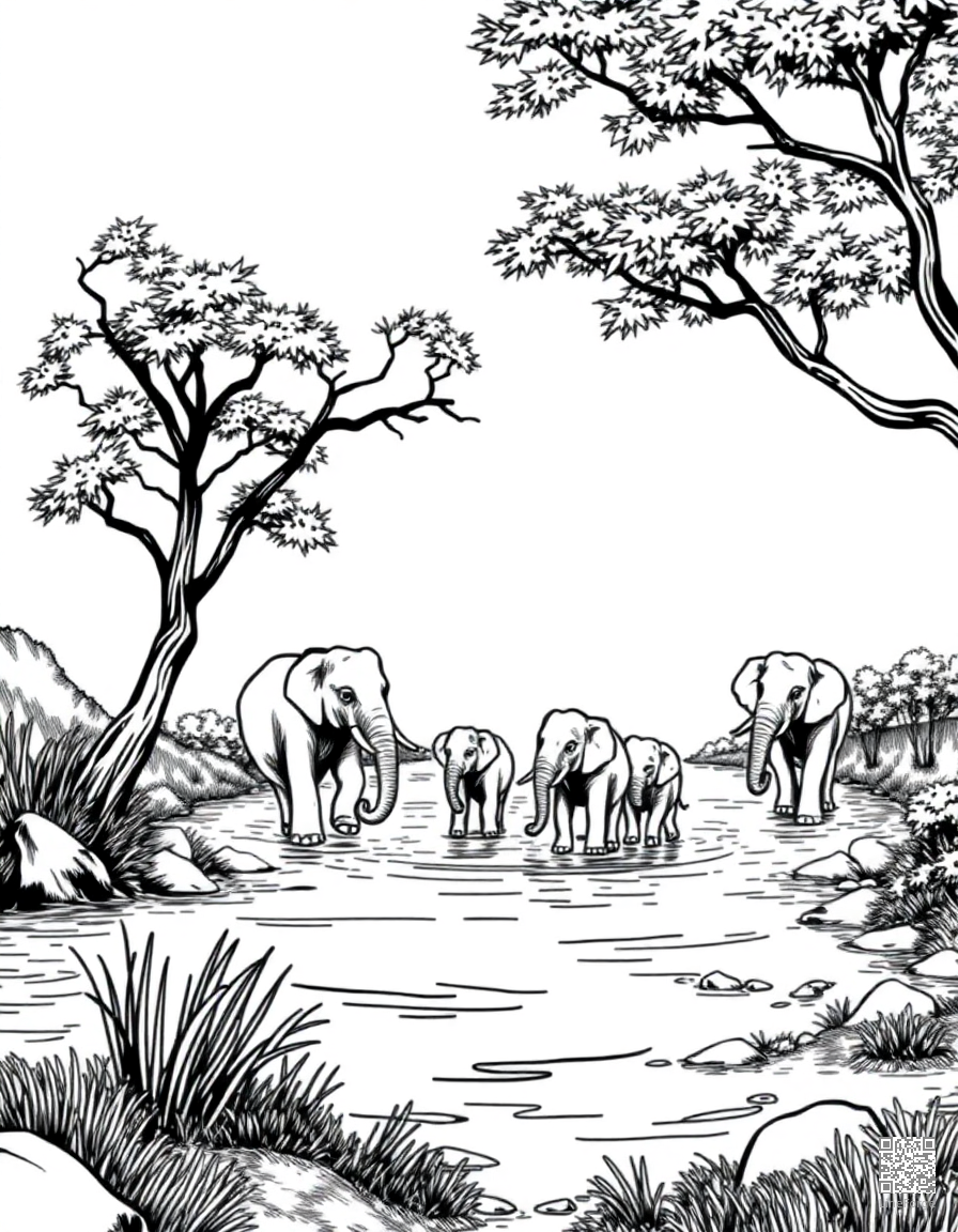 elephant family crossing a river coloring page Manga style - free printable