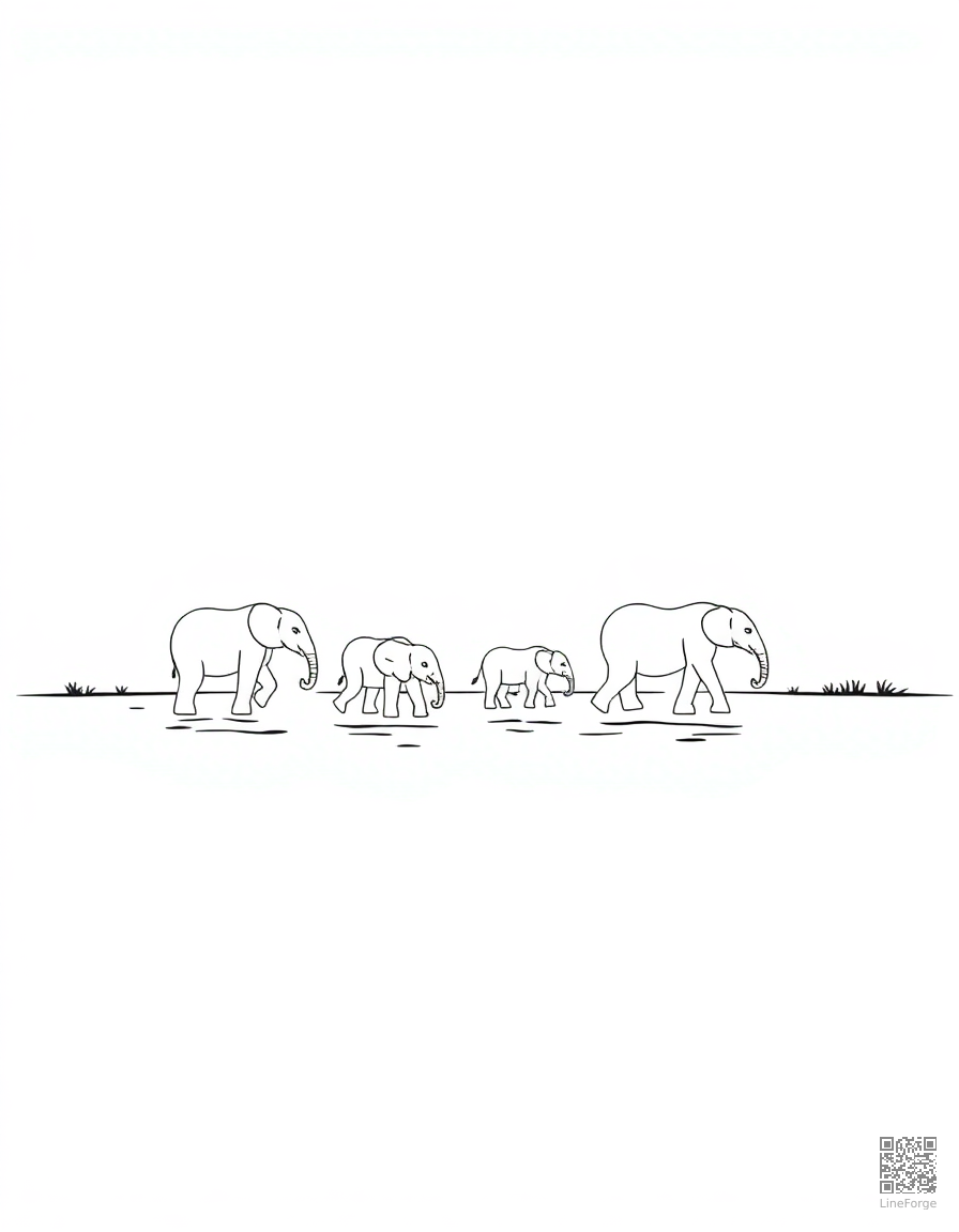 elephant family crossing a river coloring page Minimal style - free printable