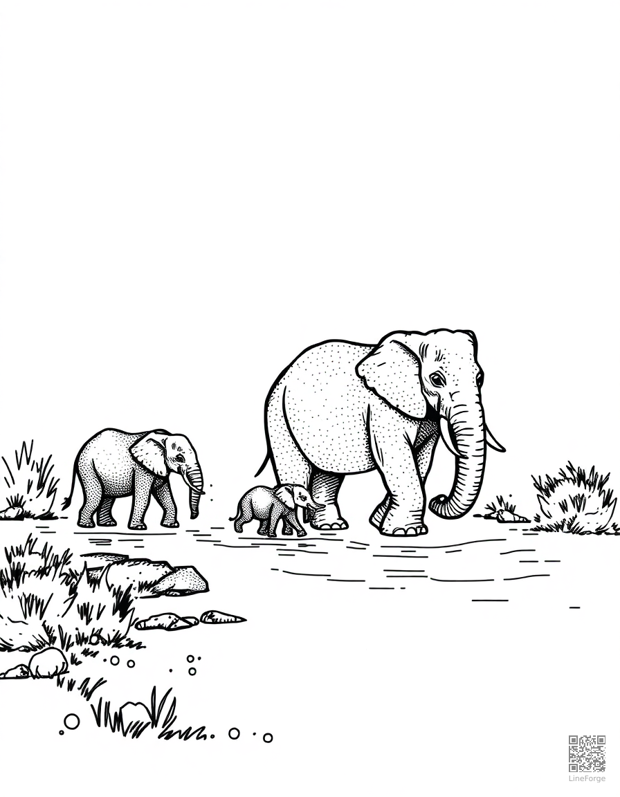 elephant family crossing a river coloring page Stipple style - free printable