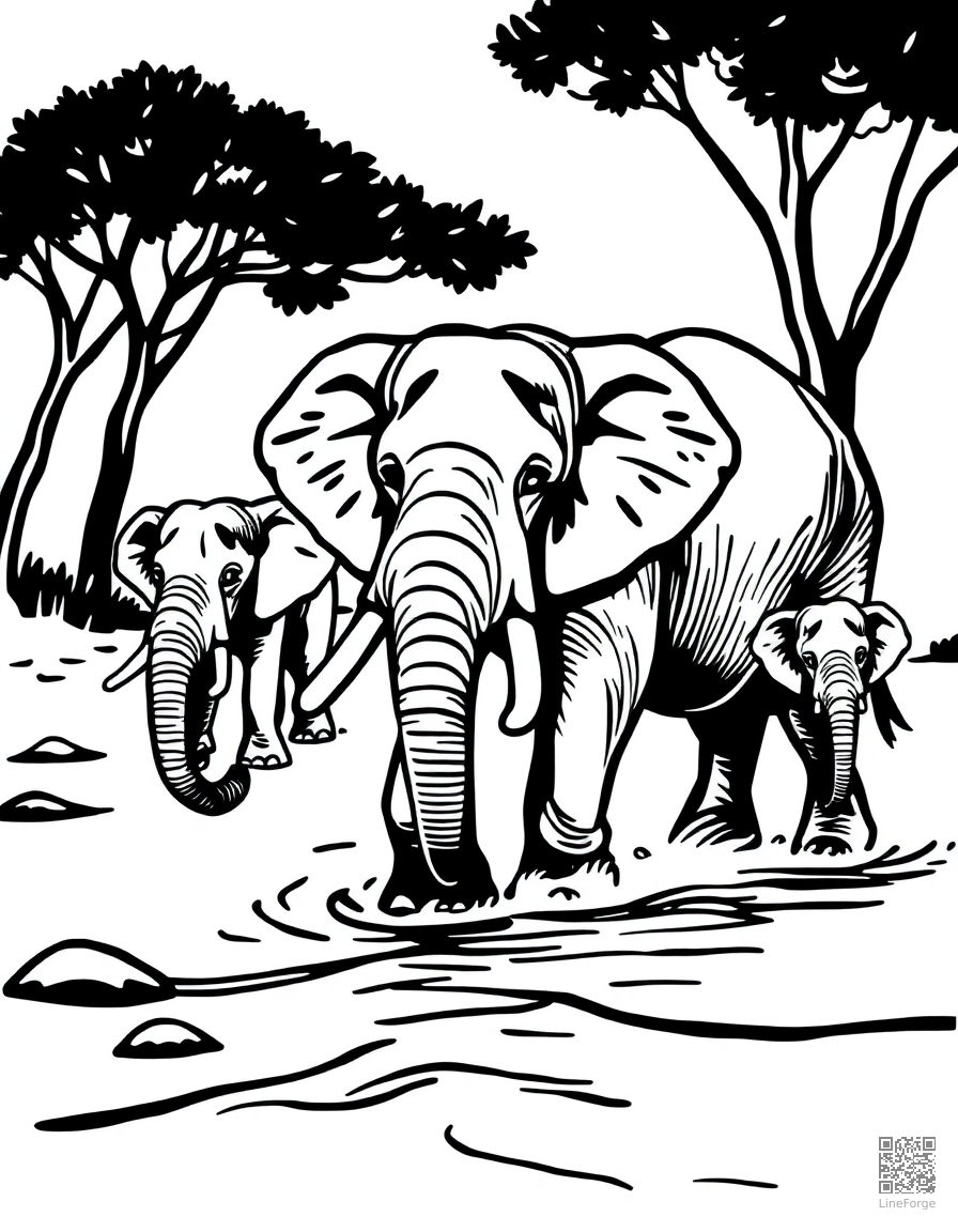 elephant family crossing a river coloring page Woodcut style - free printable