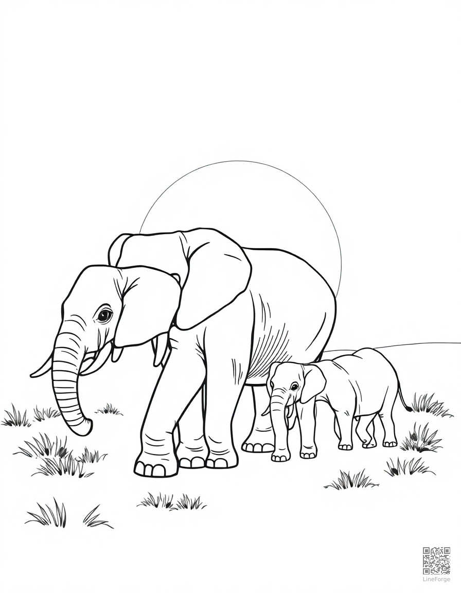 Elephant family walking at sunset coloring page Contour style free printable