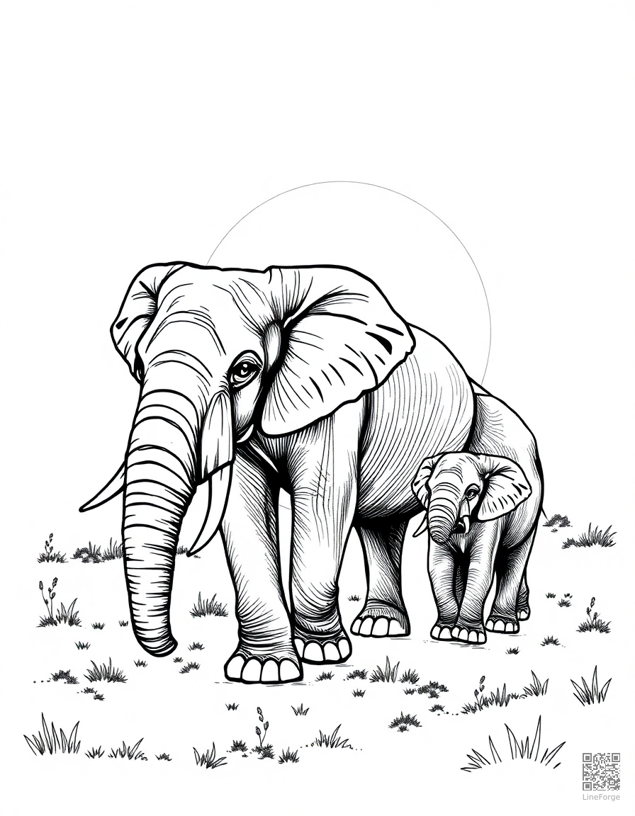 Elephant family walking at sunset coloring page Crosshatch style free printable