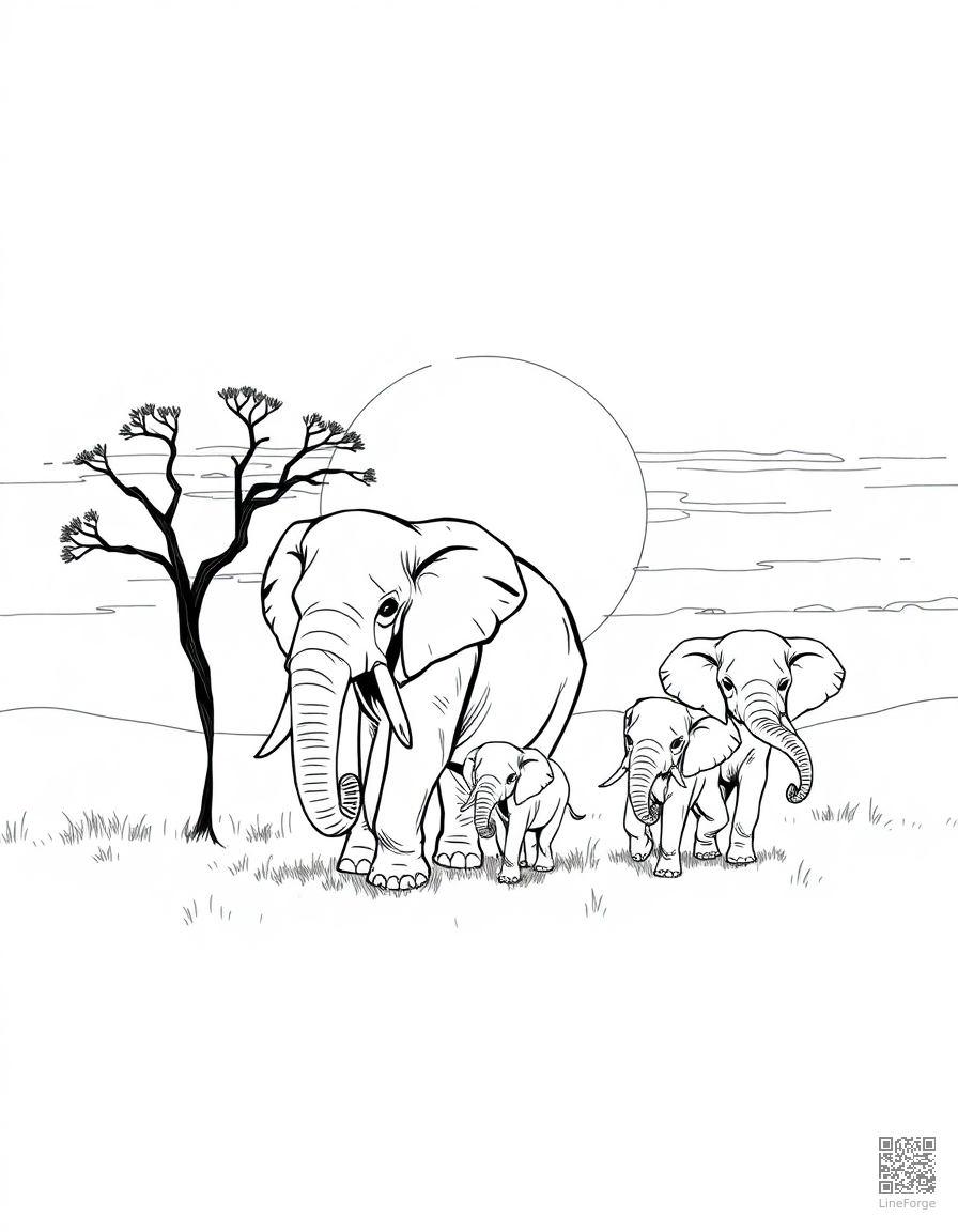 Elephant family walking at sunset coloring page Manga style free printable
